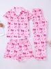 Conjunto de Pijama para Niñas de Manga Corta con Cuello Redondo y Estampado de Moños de Verano, Ropa para Casa, Transpirable, Delgado, Pijama Infantil al por Mayor