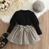 Roupa de outono estilo europeu e americano para meninas transfronteiriças, top de manga bufante estilo ocidental, terno de minissaia xadrez de lã da moda, ganhe chapéu grátis
