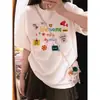 Top Estampado Desenho de Damasco Leitoso Feminino Verão Plus Size Estilo Americano Retrô Nicho Manga Curta Amigo da Pele Algodão Puro Versátil Camiseta