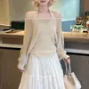 Conjunto de Dos Piezas para Mujer: Suéter de Punto con Hombros Descubiertos y Diseño Calado Estilo Coreano y Camisola, 2026 Primavera/Verano, Top de Punto para Capas con Protección Solar