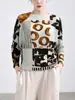 Camiseta de mujer texturizada estilo Miyake, de alta gama, cuello redondo, estampada, holgada, talla grande, manga murciélago, manga larga, jersey
