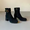 Botines de tacón alto con punta cuadrada de 7 cm, muy bonitos, ligeros, adelgazantes para mujer, tacón grueso, correa de hebilla adelgazante, botas estilo Martin, tacones altos