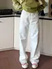 Calça Jeans Branca Retrô de Perna Reta Feminina Tendência Primavera e Outono Versátil Nova Cintura Alta Solta Perna Larga Desfiada