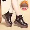 Botas de cuero forradas de felpa para mujer, zapatos de algodón para otoño e invierno, suela de plataforma, estilo retro, adecuados para primavera y otoño, disponibles para dropshipping, botines de suela gruesa, botas cálidas, un par