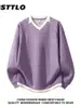 Nova Blusa de Moletom Listrada Elegante de Outono Falsa Dupla Peça Decote V Manga Longa Masculina Solta Preguiçosa Versátil Moda Malha