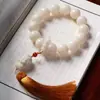 Pulsera de Bodhi Tara de Jade Blanco con Cuentas Redondas de Alto Pulido, Cuentas de Meditación, Colgante de Borla, para Sostener en la Mano para Hombres y Mujeres, Suministro para Transmisión en Vivo