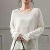Nuevo Top Base Holgado de Punto de Manga Larga para Mujer con Cuello Redondo, Crochet Hueco, Tencel Lino, Colección Primavera/Verano 2026