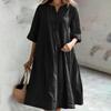 Vestido Transfronterizo Europeo y Americano para Mujer Vestido de Algodón y Lino de Longitud Media con Cuello en V de Media Manga Holgado con Tres Botones y Bolsillo