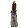 Jeans Rasgados Retro Americanos Desgastados para Mujer, Nuevo Diseño Otoño 2026, Pantalones de Pierna Ancha con Solapa a Cuadros
