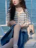 Cardigan de Punto con Rayas Azules y Blancas de Color Contrastante Estilo Coreano Suave para Mujer, Verano, Delgado, Seda de Hielo, Manga Corta, Hueco, Cuello Redondo