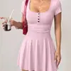 Vestido de manga curta estilo europeu e americano com botões Henry, feito sob medida para Amazon, transfronteiriço, saia curta tipo guarda-chuva slim fit, acinturado, para mulheres
