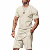 Conjunto de verão para homens da Amazon, malha waffle, manga curta e shorts, roupa esportiva casual de duas peças com gola redonda para homens