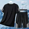 Traje Deportivo Delgado de Verano para Hombre, Shorts de Cinco Puntos, Camiseta de Manga Corta Transpirable de Seda de Hielo de Secado Rápido, Conjunto Casual de Dos Piezas