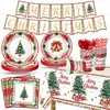 Tema de Árvore de Natal em Aquarela Vintage Suprimentos para Festa de Natal Velas de Natal Pratos de Papel Copos de Papel Guardanapos de Papel Louça para Festa de Feriado