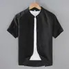 9048 Camisa de Lino de Manga Corta de Verano para Hombre Camisa Casual de Algodón y Lino con Cuello Cuadrado para Hombre Top de Lino de Color Sólido de Media Manga