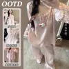 Pijama rosa doce menina terno Ins feminino primavera e outono 2024 novas calças florais de manga comprida roupas para casa
