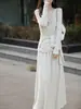 Traje de Malha Lã Worsted Cor Sólida Manga Longa Gola Swing Cintura Alta Longo Outono Novo 25 Anos