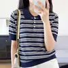 Verão Novo Tricô de Algodão Gola Polo Blocos de Cor Listras Estilo Coreano Simples Versátil Estiloso Manga Curta Camiseta Top Feminino