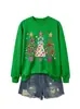 Sudadera casual y cómoda para mujer de la tienda independiente Amazon Wish con tres árboles de Navidad y luces colgantes de estrella de cinco puntas, estilo navideño
