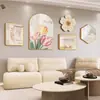 Pintura decorativa para sala de estar estilo crema wabi-sabi, pintura colgante para pared de fondo de sofá, mural de pared colgante minimalista nórdico con combinación de reloj