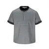 Camiseta de Manga Corta a Rayas con Bloques de Color y Cuello Henley Estilo Americano Retro para Hombres y Mujeres, Estilo Old Money, Corte Relajado y Holgado, Camiseta de Verano de Moda