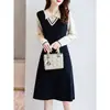 Vestido de Tricô Color Block Estilo Novo de Início de Primavera Coreano, Elegante e Emagrecedor, Usado com um Casaco como Suéter Base