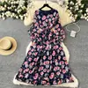 Diseño Estilo Francés Cuello en V Manga Trompeta Cordones en la Cintura Vestido Largo de Gasa Floral para Mujer Aspecto Delgado Elegante Retro