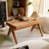 Banco de Ratán Nórdico Madera Maciza Estilo Wabi-Sabi Taburete Cambiador de Zapatos Ratán Doble Capa Superficie de Ratán Taburete K Largo Individual Doble Triple