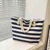 Bolsa de Praia com Alça de Algodão Listrada, Bolsa de Ombro para o Dia a Dia, Bolsa Feminina, Bolsa Tote de Grande Capacidade, Bolsa de Lona Casual