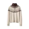 Suéter de cachemira para mujer de cuello medio, jersey grueso de doble hebra con mangas largas, nuevo estilo de otoño e invierno con diseño jacquard Fair Isle