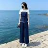 Conjunto de Duas Peças Verão 2026 para Mulheres: Conjunto Casual Esportivo Elegante com Top de Manga Curta e Gola Redonda Color-Block e Calça de Cintura Alta de Pernas Largas