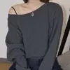 Conjunto Feminino Azul Escuro Preguiçoso de Caimento Solto 2026 Novo Outono Estilo Coreano Blusa de Manga Longa Moletom Ombro a Ombro