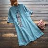 Vestido Feminino de Algodão Verão Retro Artístico Manga Curta Soltinho Gola Alta Cor Sólida Bordado Pesado Botões