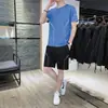 Verão 2025 masculino esportivo lazer duas peças fitness corrida treino respirável seda gelada fresco elástico manga curta terno