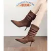 Botas Stiletto Novas Outono e Inverno 2025 para Mulheres Pretas Super Quentes Botas Plissadas Salto Alto Botas de Cavaleiro com Forro de Lã