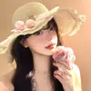 Sombrero de Paja con Borde de Encaje de Tul para Mujer, Estilo Verano, Playa, Vacaciones, Sombrero de Protección Solar, Sombrero de Sol de Ala Ancha