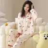 Pijama de Cardigan de Manga Larga para Mujer de Algodón Puro, Lindo Set de Ropa de Casa Dulce con Dibujos Animados para Niñas, Se Puede Usar Afuera