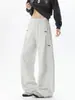 Pantalones de chándal grises con estampado de flores blancas americanas, plisados, de hoja curva, para hombre, otoño, High Street, Cleanfit, pantalones casuales, marca de moda, versátiles, de pierna ancha