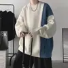 Suéter patchwork masculino, retrô e moderno, modelagem solta, tricô pullover outono/inverno, estilo Hong Kong, caimento relaxado, gola redonda, suéter de tricô trançado