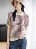 Suéter Fino de Tricô Primavera e Verão Feminino Solto Gola Polo Top Gola Redonda Listrado Listrado Cor de Contraste