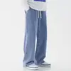 Jeans Rectos de Pierna Ancha para Hombre para Primavera y Verano, Estilo High Street Coreano y Americano, Cintura Elástica con Cordón, Marca Vintage de Moda
