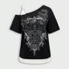 Comércio Exterior Y2K Streetwear Tendência de Beleza Retrô Solto Falso Duas Peças Versátil Estampado Manga Curta Camiseta Top Feminino Transfronteiriço