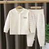 Conjunto de Roupas de Outono para Bebê Algodão Puro Meninos e Meninas Roupa Íntima Infantil Cardigan Calças de Cintura Alta Proteção da Barriga Suéter Roupa de Casa