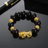 Pulsera Pixiu Chapada en Oro de Imitación para Hombre, Pulsera de Obsidiana para Atraer la Fortuna para Hombre, Joyería para Transmisión en Vivo, Suministro al por Mayor de Pequeños Regalos