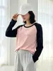 Camiseta de Manga Larga para Mujer Primavera Nueva Estilo Coreano Costuras en Contraste Cuello Redondo Camiseta Básica Talla Grande para Mujer con Sobrepeso Top Holgado para Mujer Trendy