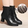 Botas de Moda Impermeáveis de Bico Redondo em Couro Envernizado, Confortáveis de Sola Macia até o Meio da Panturrilha, com Salto Grosso, Forro de Pelúcia, Cadarço Frontal e Botas Slim Elásticas