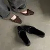 Zapatos Planos de Ballet Cuadrados Retro Franceses con Lazo de Corte Bajo para Mujer Tacón Grueso Zapatos de Mary Jane Versátiles para el Trabajo