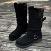Botas Western Cowboy Retrô Ouxuan Femininas Novas Camurça Bico Redondo Salto Grosso Fivela Botas Empilhadas Marrom Cano Alto