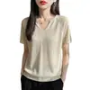 Top de punto de lino de alta gama listo para usar con cuello en V y manga corta para mujer, nuevo estilo de verano, elegante camiseta top hueca fina para mujer