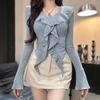 Sexy Spice Girl Diseño Cuello en V Sentido Manga Cuerno Irregular Volantes Camisa Base Otoño e Invierno Nuevo Top Ajustado Trendy